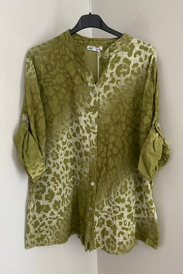 Women's Italian Oil Green Tie-Dye Leopard Pattern Folded Orphan Sleeve 100% Cotton Shirt Blouse