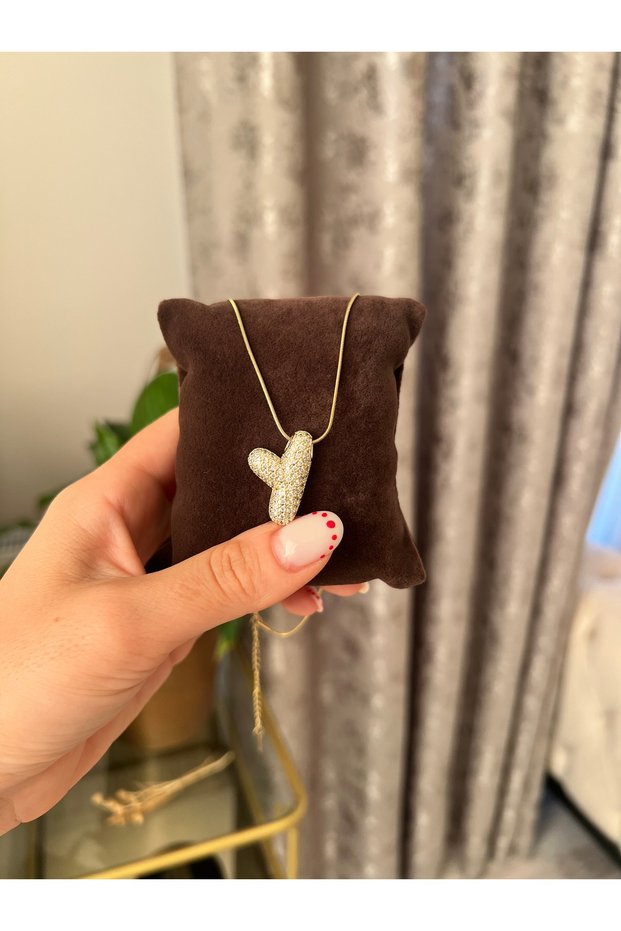 Stone-Encutured Bombed Y Letter Pendant - Gold