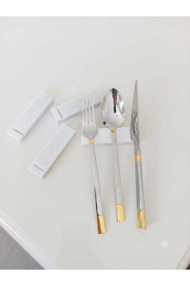 Luxury Natural 4-Piece Marble Fork Spoon Knife Coaster Stand Set - Table Organizer Presentation Holder