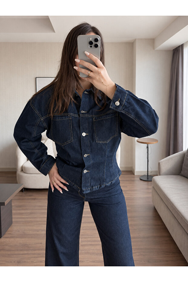 Navy Blue Draped Jacket Trousers Denim Suit