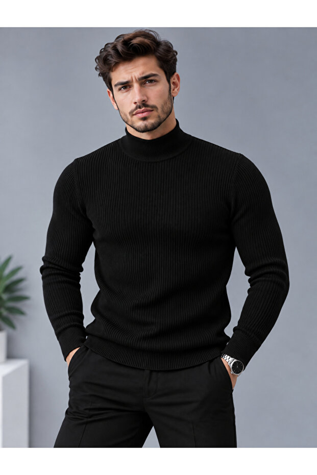 Black Slim Fit Thin Ribbed Half Turtleneck Men's Knitwear Sweater