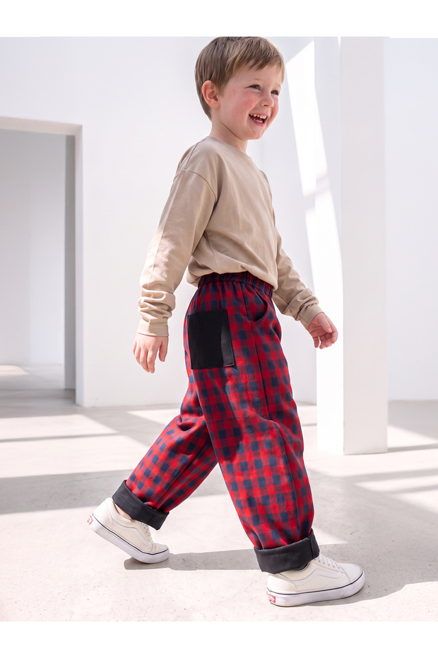 Boy's Pants Carrot Cut Red Navy Blue Gingham
