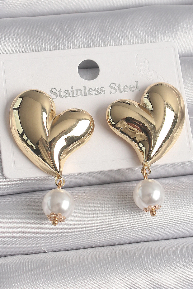 Brass Gold Color Heart Model Dangle Pearl Detail Women's Earrings Tj-Bkp10080