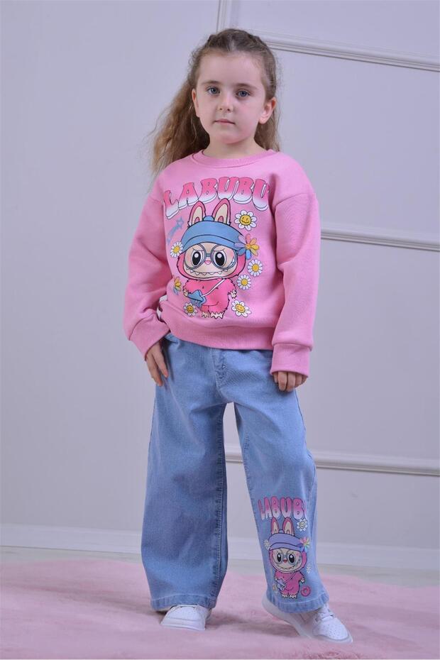 Girl's Patterned 3-Yarn Ruffled Elastic Leg Sweatpants Set