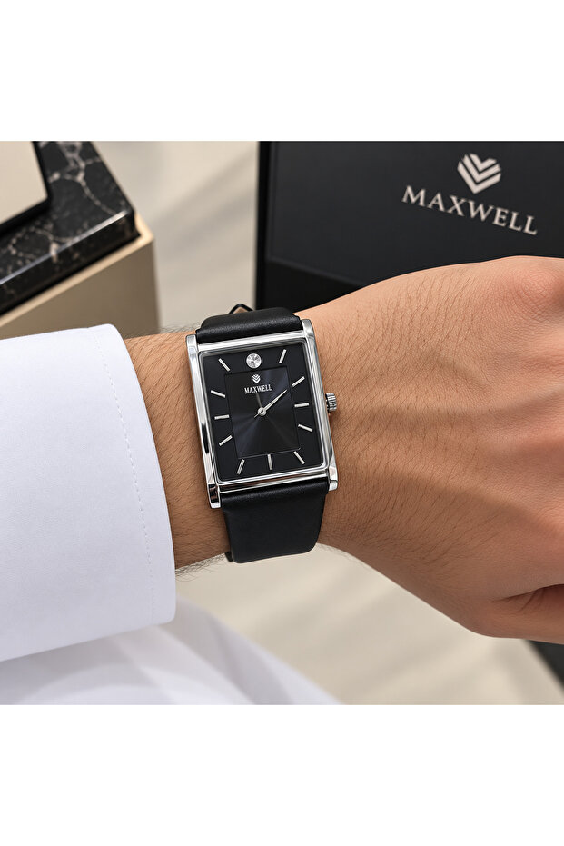 Maxwell Men's Rectangular Black Dial Watch with Black Leather Strap