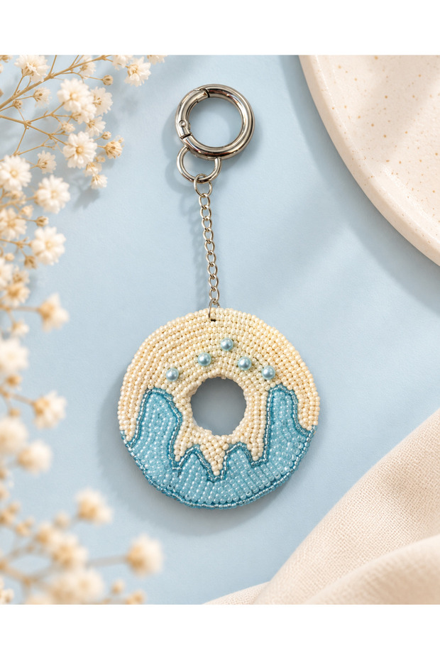 Blue Donut Bead Embroidered Bag Charm and Keychain