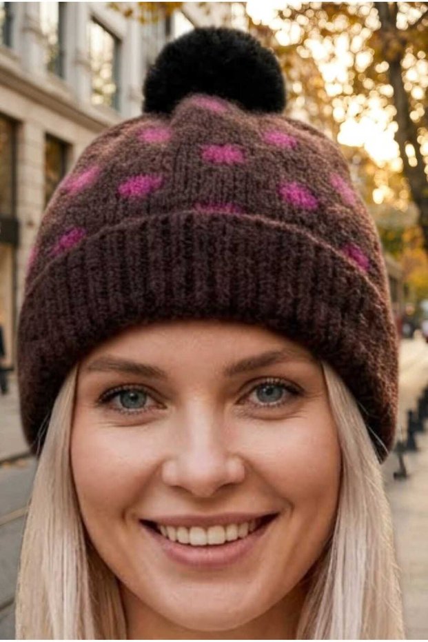Women's Polka Dot Patterned Pompom Knitted Knitwear Winter Beanie