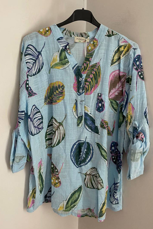 Women's Italian Leaf Patterned Pocketed Folded Sleeve 100% Cotton Shirt Blouse
