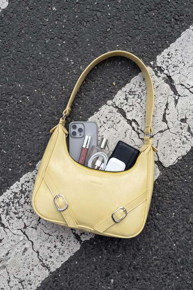 Yellow Crinkled Patent Leather D78 Double Buckle Belt Detailed Zippered Large Internal Volume Women's Shoulder and Baguette Bag