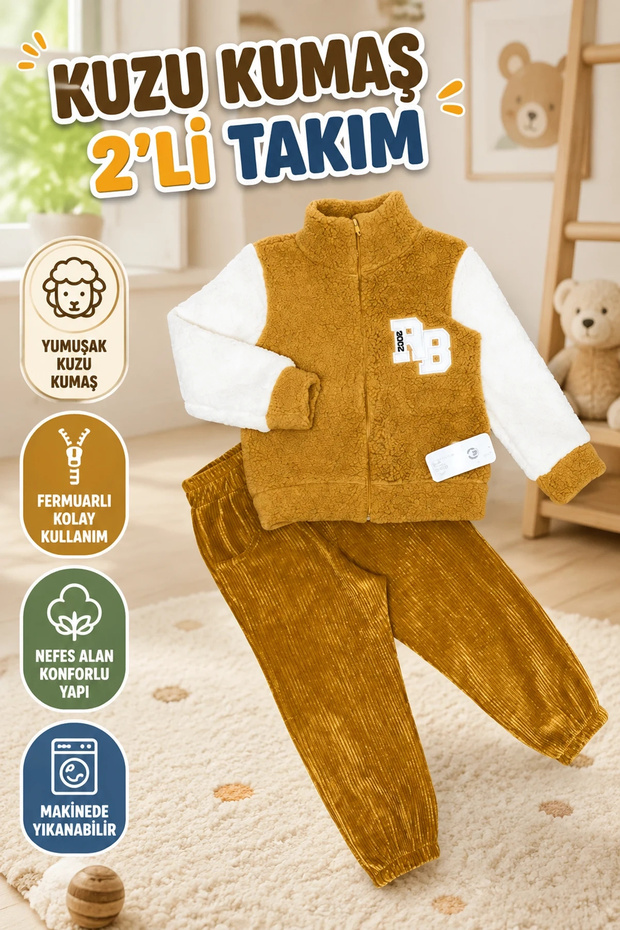 1-2-3 Years Old Lamb Fabric Zippered Sweatshirt and Velvet Pants 2-Piece Children's Set