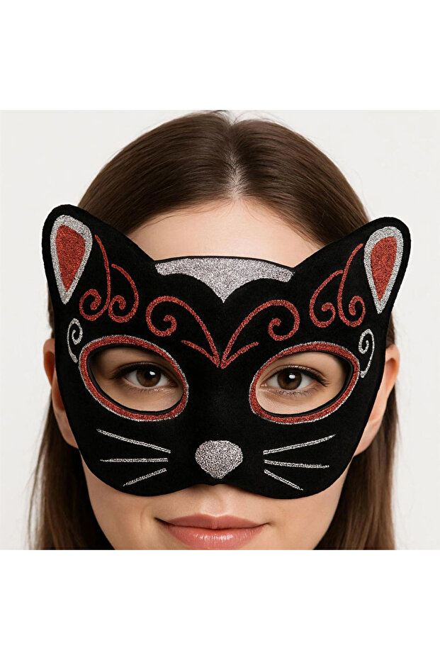 Velvet Textured Glitter Detailed Sparkly Cat Mask Red Silver 20X13 cm