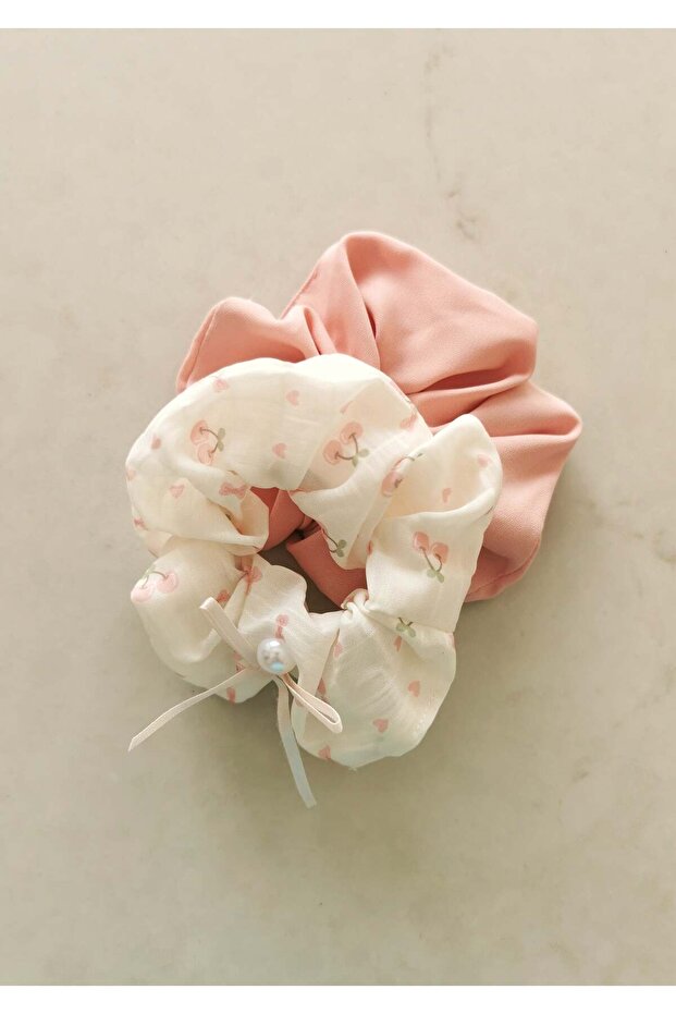 Cherry Patterned Bow Detailed Double Elastic Bagel Buckle Set Pink