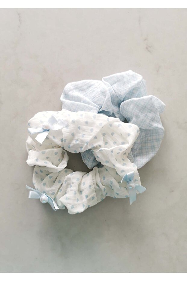 Blue Heart Patterned Bow Detailed Double Elastic Bagel Buckle Set