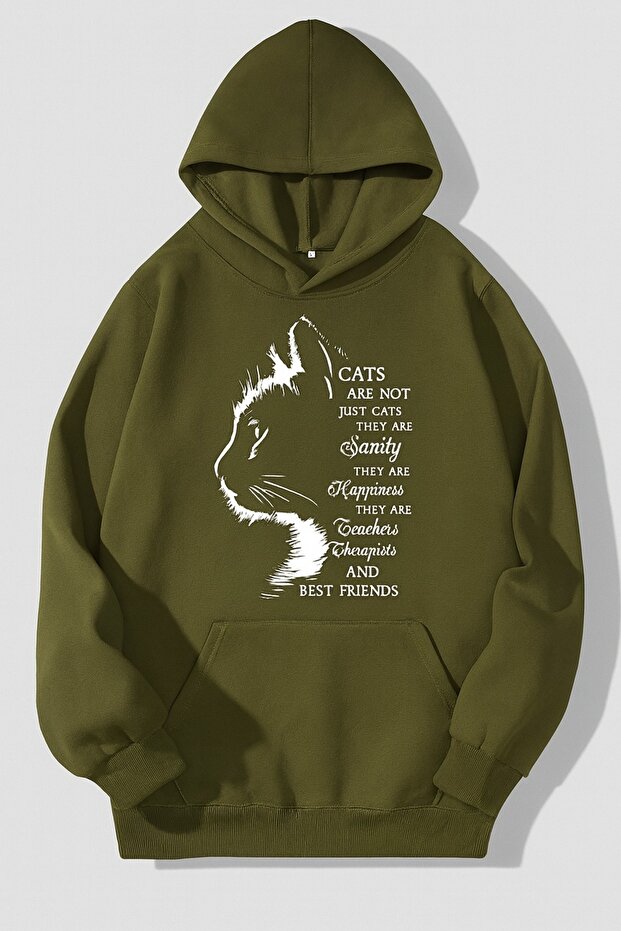 Unisex Oversize 3 Thread Raster Printed Hooded Sweatshirt with Kangaroo Pocket "Cat Silhouette and'Cats Are Not Just Cats' Text"