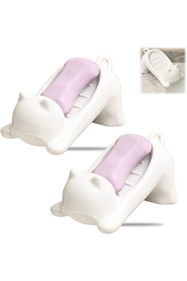 Cat Shaped Soap Dish with Drain,2PCS Plastic Kitten Soap Holder,Non-Slip Bathroom and Kitchen Soap Storage Rack