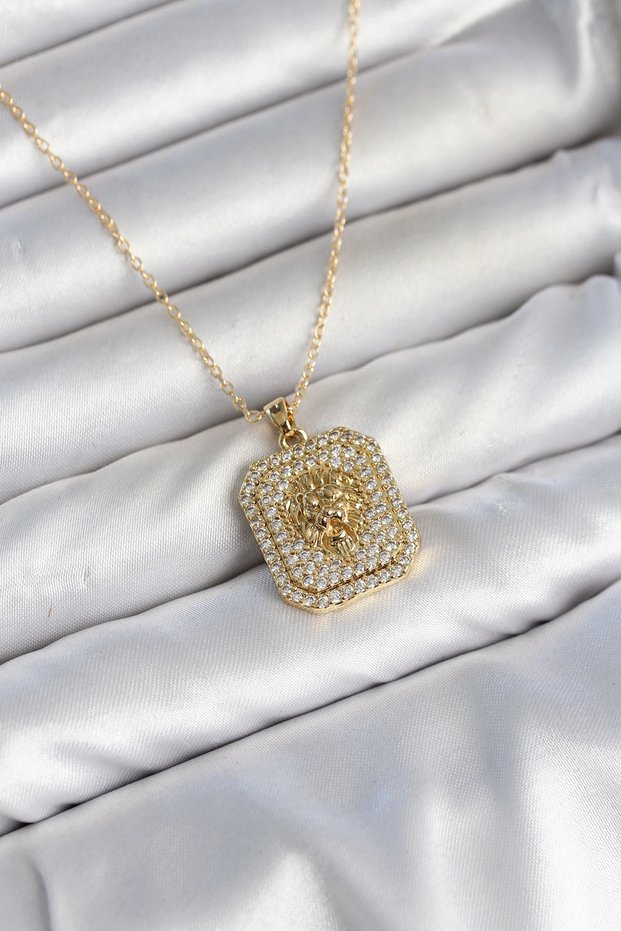 316L Steel Chain Gold Lion Medallion Model Zircon Stone Women's Necklace Tj-Bko11139