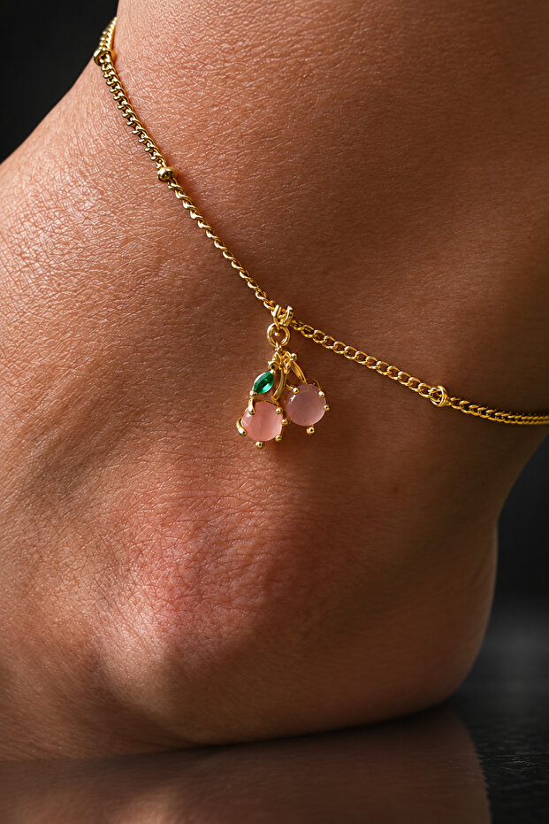 Bym286-1 Women's Pink Cherry Figured Gold Chain Anklet Adjustable Non-Tarnish