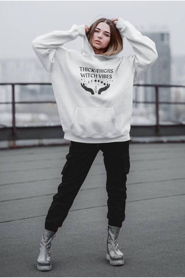 Unisex Oversize 3 Thread Yarn Printed Hooded Sweatshirt with Kangaroo Pocket "Moon Phases, Hands and'Thick Thighs Witch Vibes' Written"