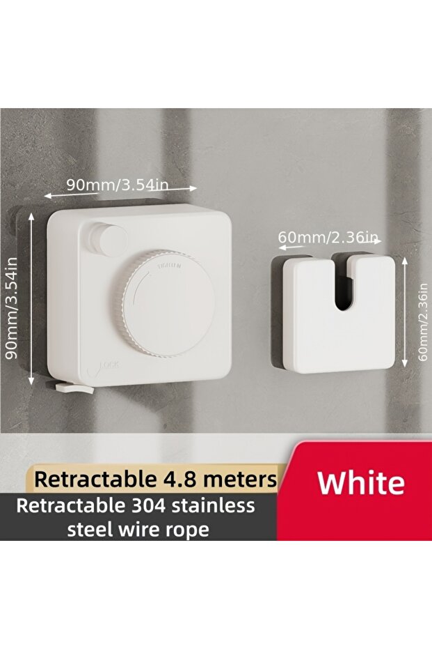 WHITE Indoor and Outdoor Wire Clothesline, Retractable and Hidden Storage, Dual-Purpose Installation