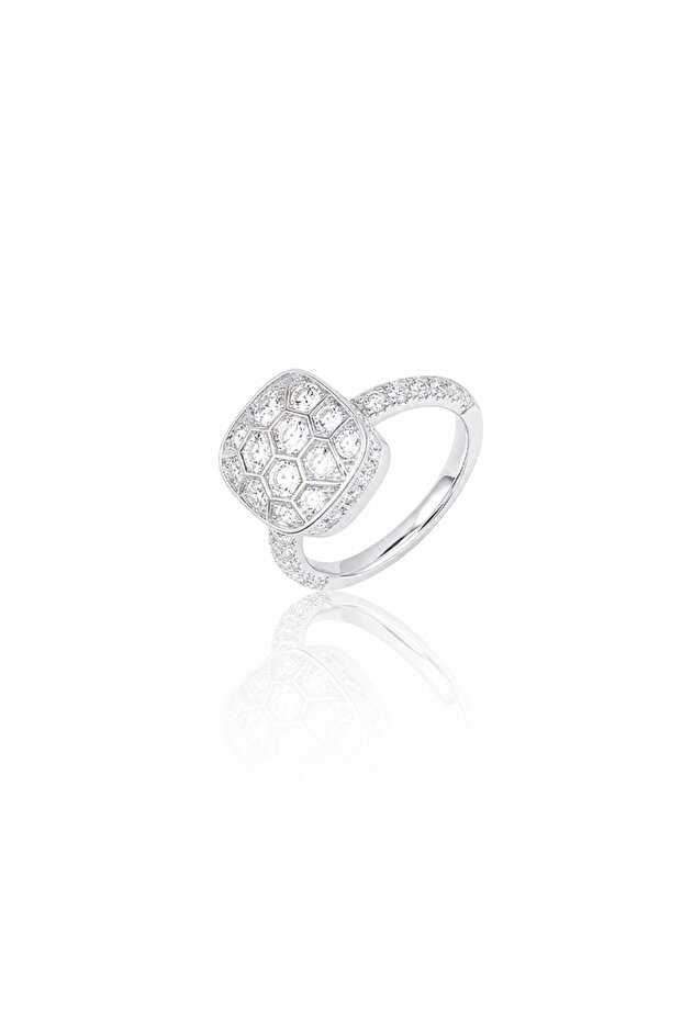 Silver Square Ring with Zircon Stone and Honeycomb and Scattered Stars Pattern