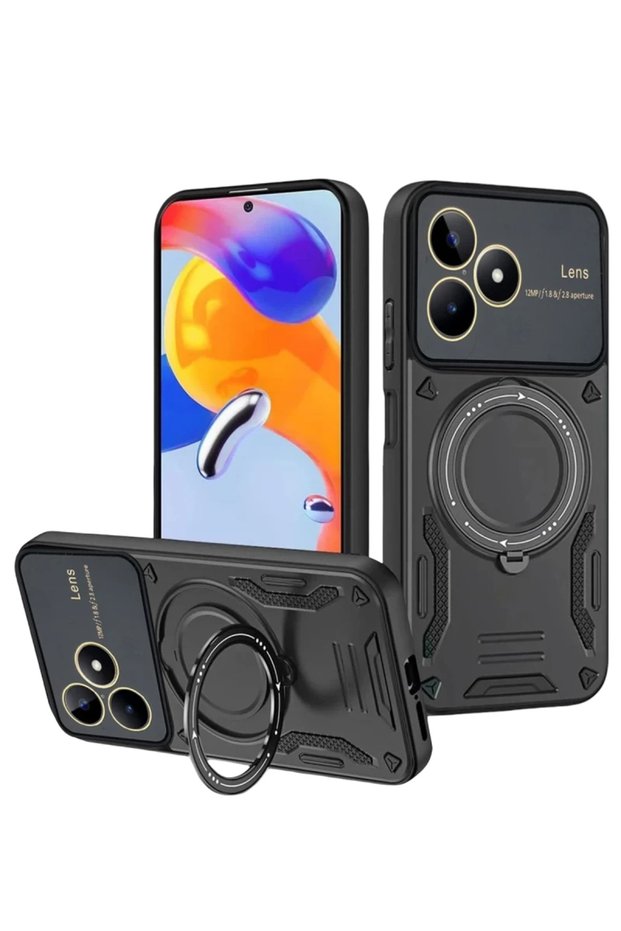 غطاء متوافق مع هاتف Realme C53 مع حامل عدسة Joy - أسود