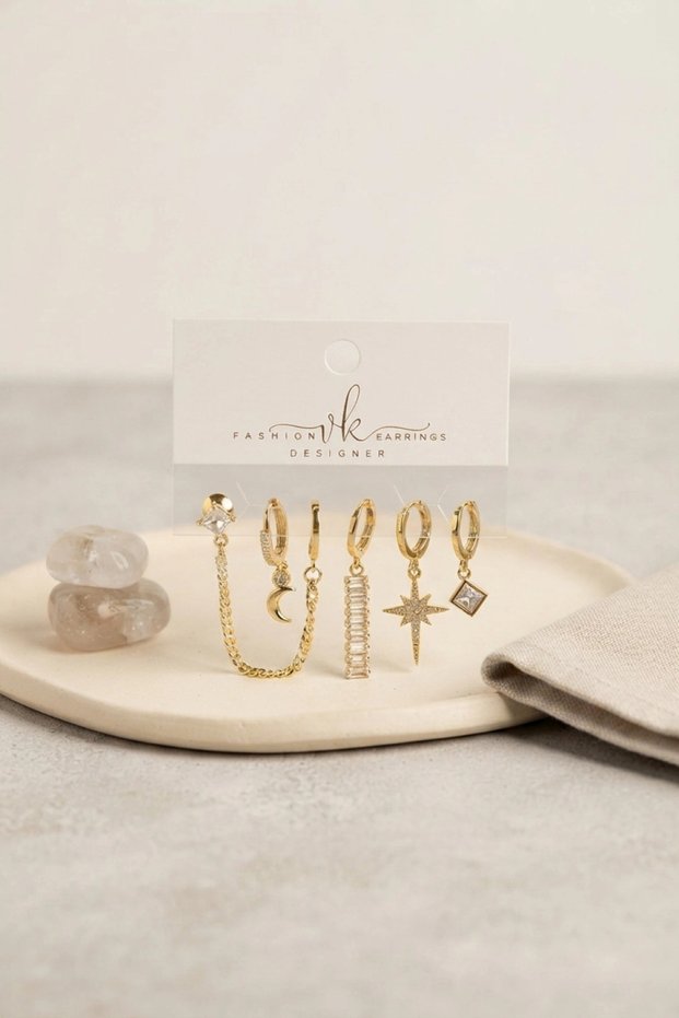 Gold Color Brass Zircon Stone Pole Star Detailed 6-Piece Earring Combination Set Tj-Bkp12134