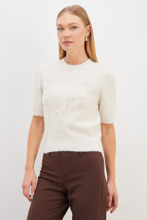 Floral Embroidered Crew Neck Short Sleeve Knit Sweater