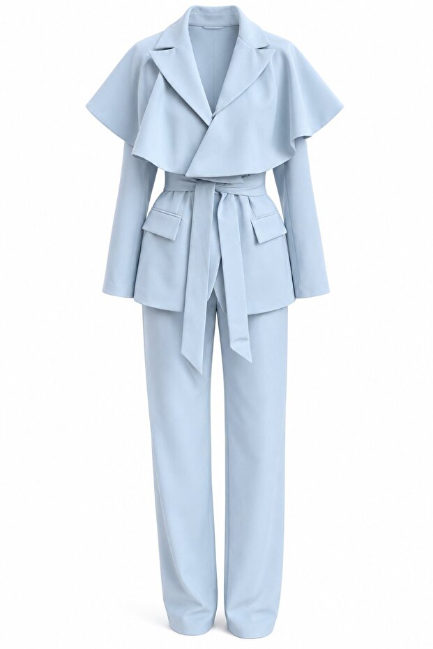 Blue Cape Belted Buttoned Jacket and Trousers Set - 2Y8325
