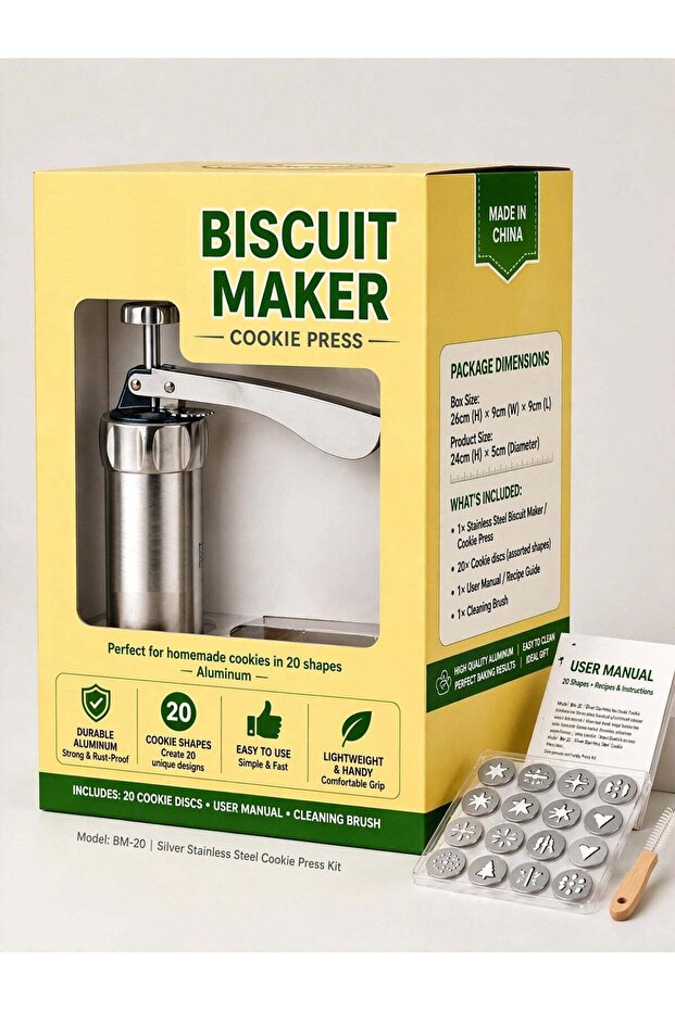 Premium Aluminum Biscuit Maker Cookie Press with 20 Cookie Discs, Manual Cookie Making Machine for Homemade Biscuits and Pastries, Strong Rust Proof Construction, Easy to Use Design for C