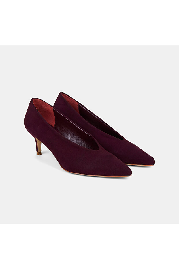 Women's Burgundy Pointed Toe Suede Thin Heeled Shoes
