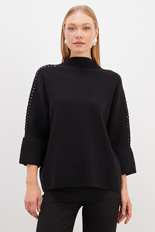 Stoned Sleeves, High Collar, Bat Sleeve, Loose Knitwear Sweater