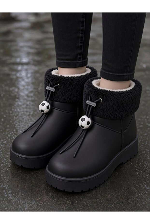 Children's and Women's Intense Fur Waterproof Figured Short Boots-Black