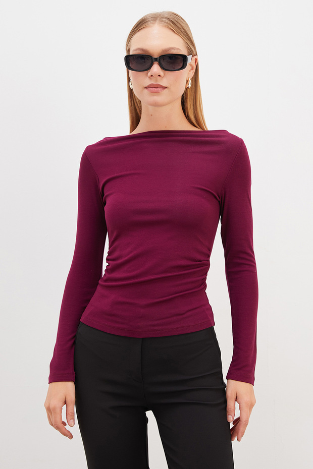 Side Draped Boat Neck Slim Fit Blouse