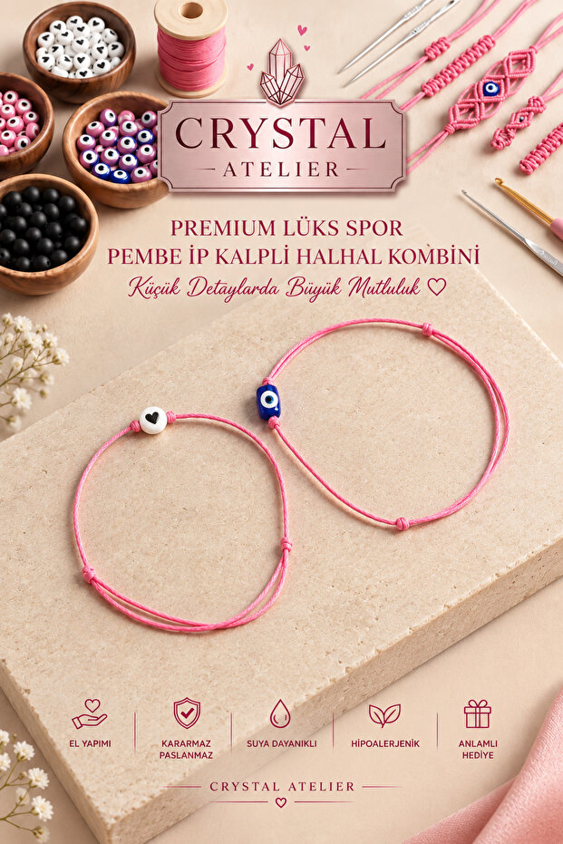 Set of 2 Pink Rope Heart Evil Eye Beaded Anklet Set Adjustable Lucky Rope Macrame Anklet