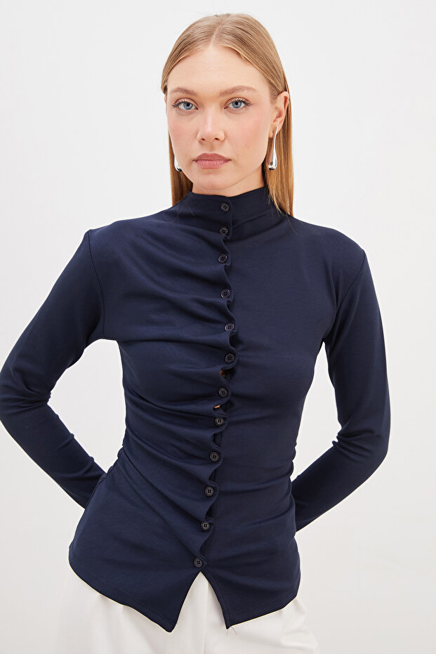 Pleated Front Stand Collar Shirt with Draped Sides