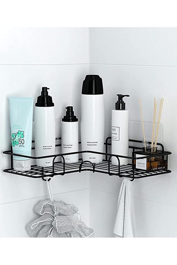 Corner Bathroom Organizer Shelf Black with Side Hanger