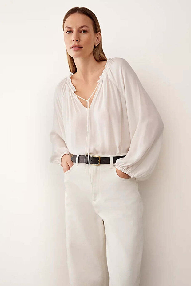 Ruffle Collar Boho Women's Blouse - White, L