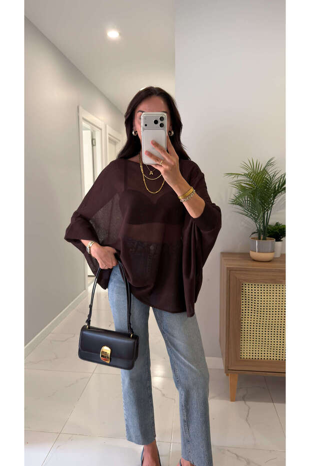 Ridra Brown Rubber Sleeve Oversized Cape Knitwear