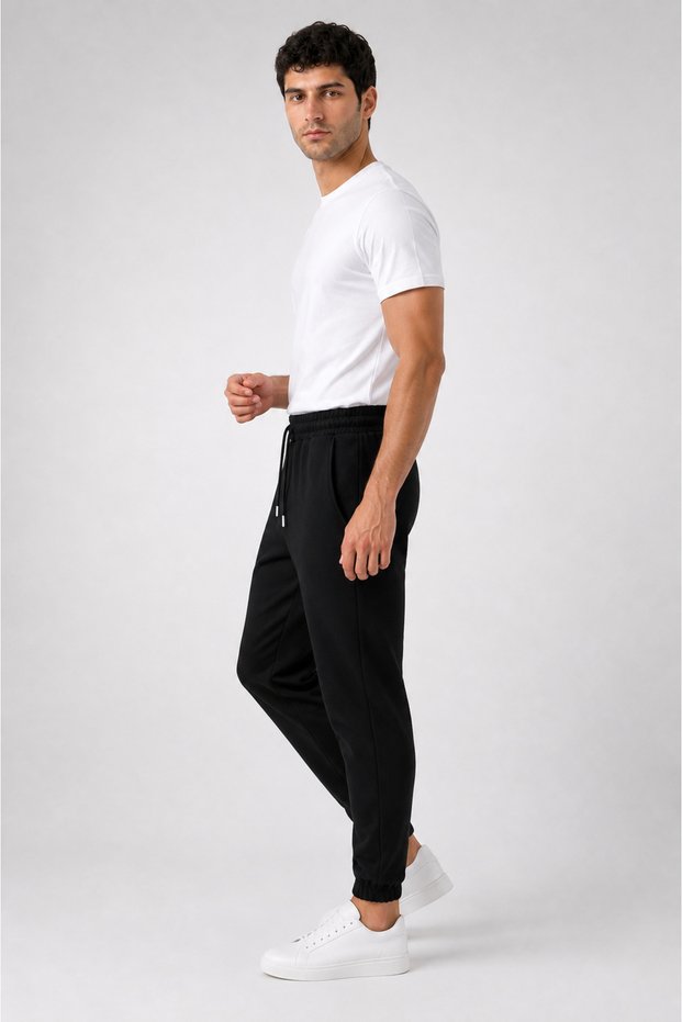 Regular 3 Threaded Black Men's Sweatpants with Elastic Waistband