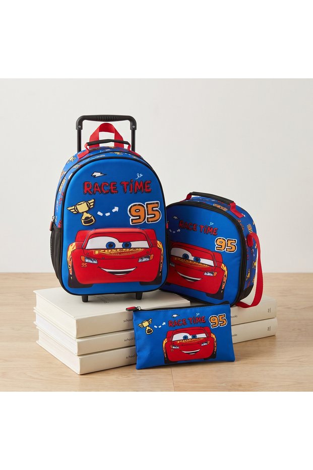 Cars Print 3-Piece School Trolley Bag Set for Boys 3-5 Years with Lunch Bag - 14 inches
