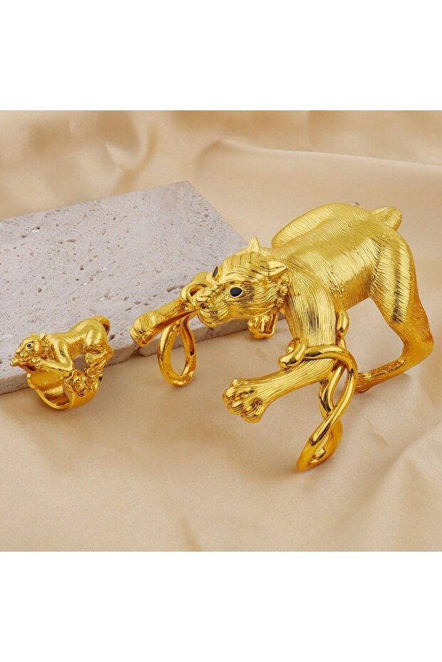 Exaggerate Leopard Bangle with Ring Jewelry Set for Women Dubai Gold Color Cuff Bangle Cocktail Ring