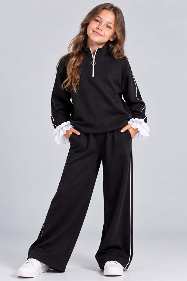 Girl's Black Tracksuit Set with Zippered Collar, Spanish Sleeves and Ruffles, Loose Fit