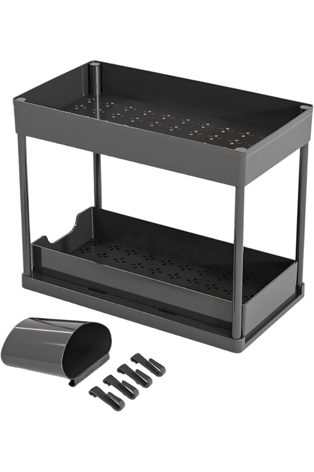 2-Tier Under Cabinet Sliding Organizer, Black Storage Basket System, Multi-Purpose Shelf for Kitchen