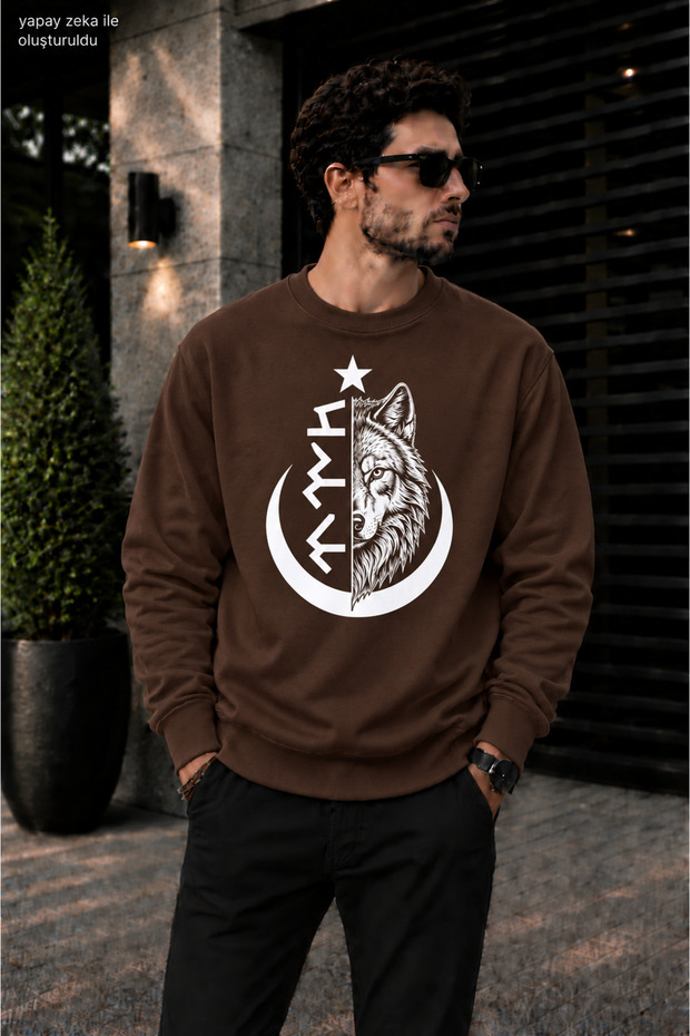 Men's Göktürkçe Turkish Written and Wolf Printed Crew Neck Casual Regular Fit Sweatshirt