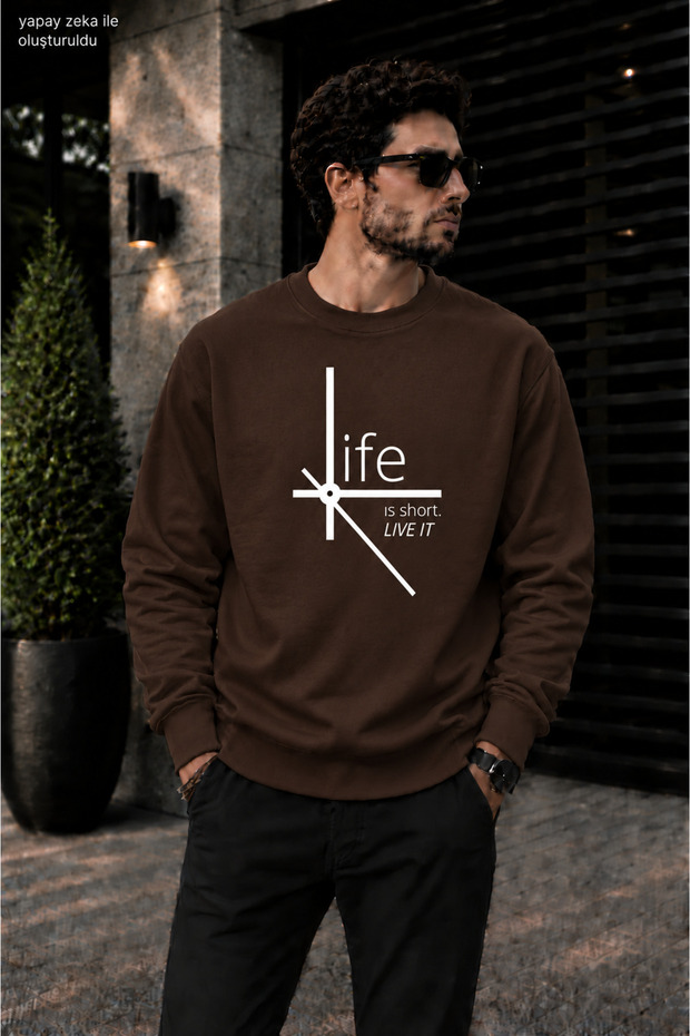 Men's Life Is Short Saat Mimarisi Graphic Printed Crew Neck Casual Regular Fit Sweatshirt