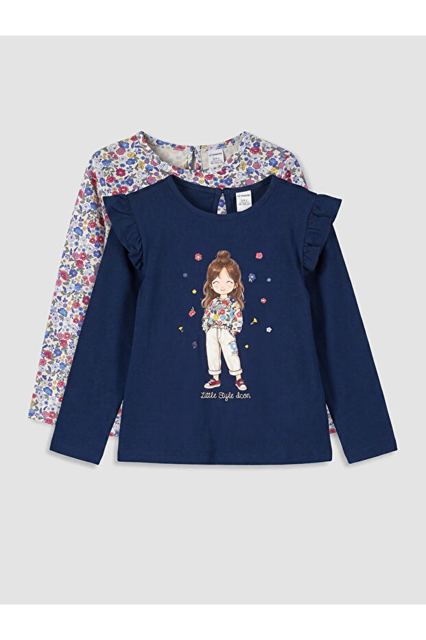Navy Blue Patterned Girls' 2-Piece T-Shirt