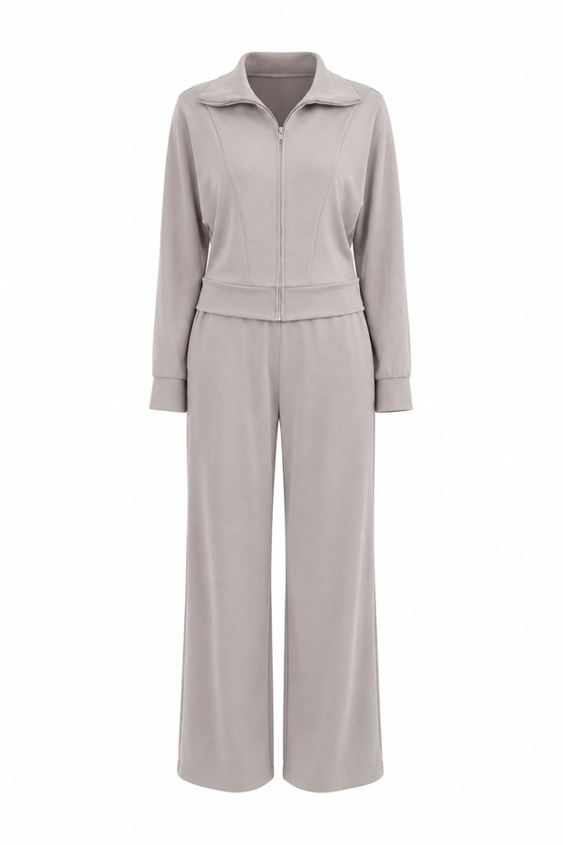 High Collar Zippered Sweat Track Suit Bottom Set