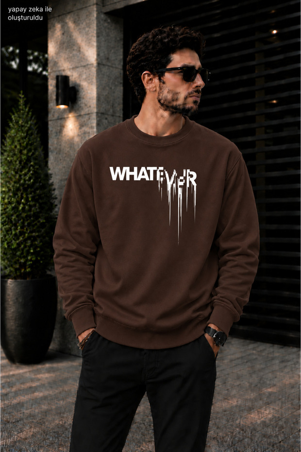 Men's Street Style Whatever Drip Typographic Printed Crew Neck Casual Regular Fit Sweatshirt