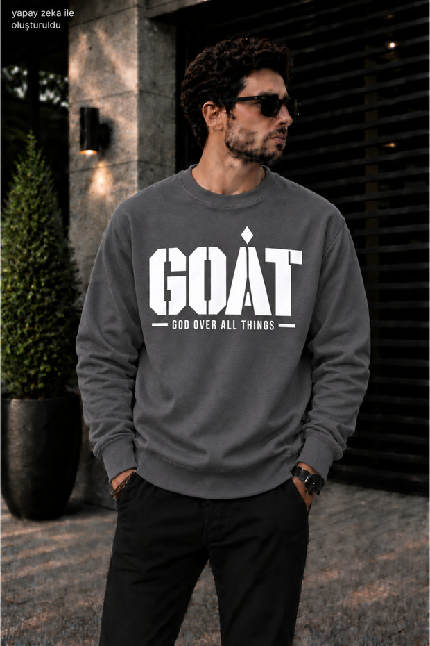 Men's Goat God over All Things Typographic Print Crew Neck Casual Regular Fit Sweatshirt