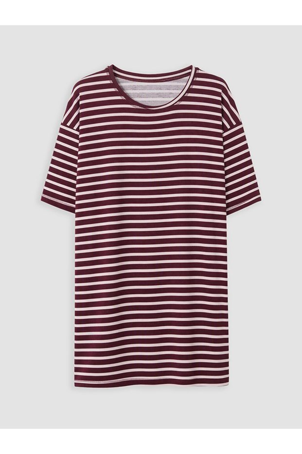 Brown Crew Neck Striped Women's Nightgown